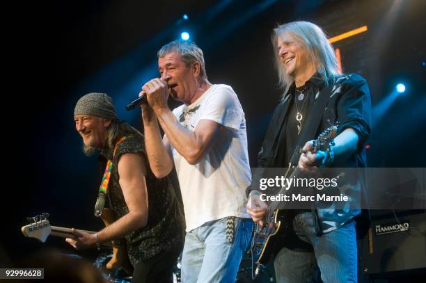 Roger Glover and Ian Gillan and Steve Morse of Deep Purple perform at Clyde Auditorium on November 11, 2009 in Glasgow, Scotland.