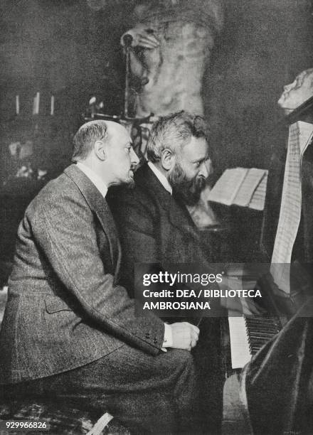 Gabriele d'Annunzio and Alberto Franchetti performing music for La Figlia di Iorio on the piano, photograph by Nunes Vais, from L'Illustrazione...