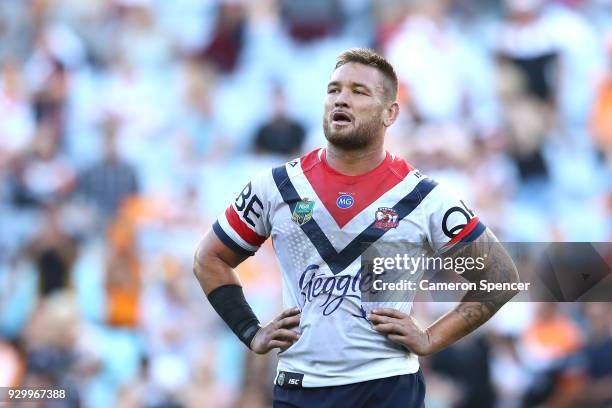 Jared Waerea-Hargreaves of the Roosters looks dejected after losing the round one NRL match between the Wests Tigers and the Sydney Roosters at ANZ...