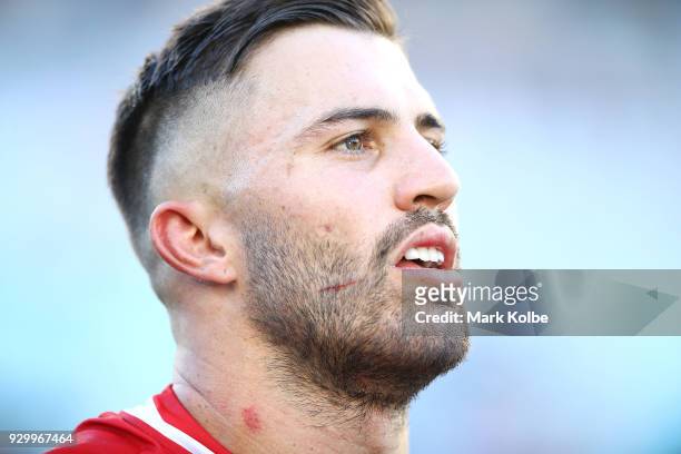 James Tedesco of the Roosters looks dejected after defeat during the round one NRL match between the Wests Tigers and the Sydney Roosters at ANZ...