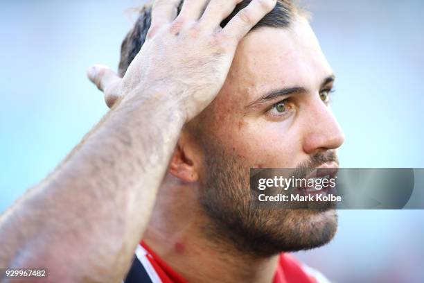 James Tedesco of the Roosters looks dejected after defeat during the round one NRL match between the Wests Tigers and the Sydney Roosters at ANZ...