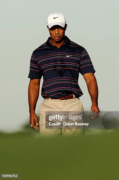 Tiger Woods of the USA walks the fairway on the 10th hole during round one of the 2009 Australian Masters at Kingston Heath Golf Club on November 12,...