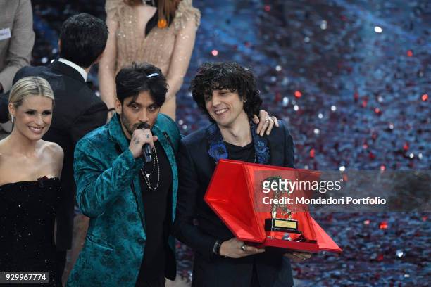 Italian singer Ermal Meta and Fabrizio Moro with the prize as best singer at 68th Festival di Sanremo. Sanremo, February 10th 2018
