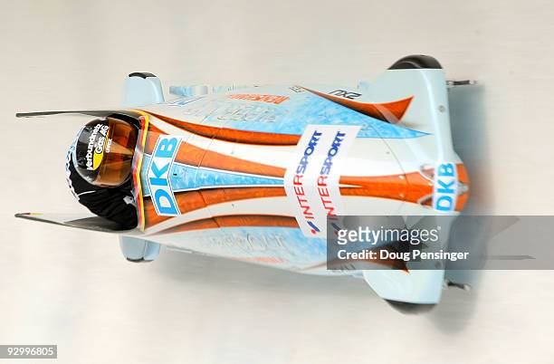 Driver Sandra Kiriasis and Janine Tischer of Germany take a training run for the FIBT Women's Bobsleigh World Cup at the Utah Olympic Park on...