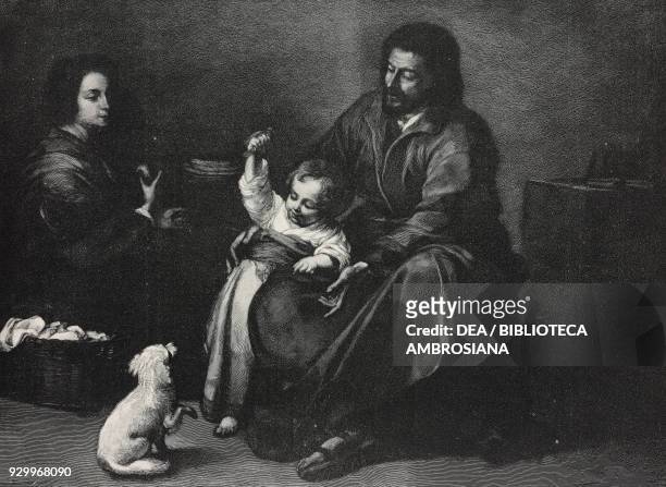 Holy Family with the dog and the bird, painting by Bartolome Esteban Murillo , from L'Illustrazione Italiana, Year XXIV, No 52, December 26, 1897.