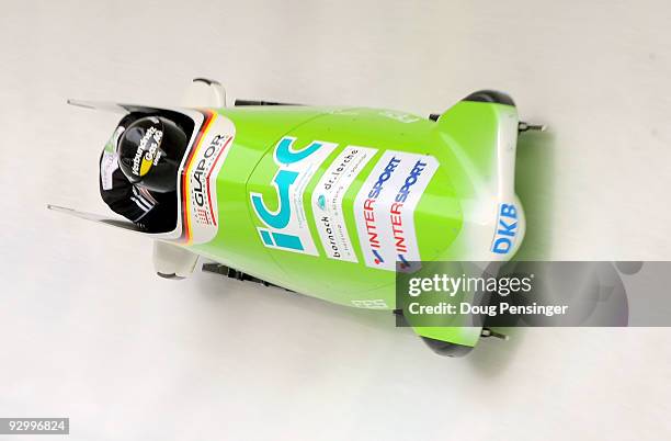 Driver Cathleen Martini and Christin Senkel of Germany take a training run for the FIBT Women's Bobsleigh World Cup at the Utah Olympic Park on...