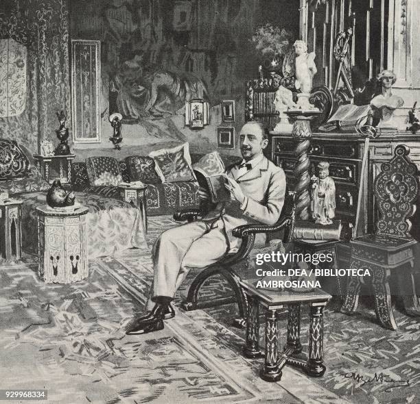 Italian poet, writer and playwright Gabriele D'Annunzio at his studio in Francavilla al Mare, Abruzzo, Italy, drawing by Achille Beltrame , from...