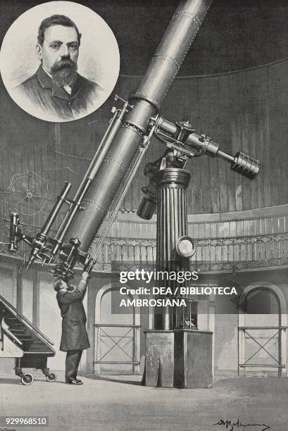 The Italian astronomer Giovanni Virginio Schiaparelli , inset, and the 20-inch equatorial refractor on the main tower of the Observatory of Brera,...