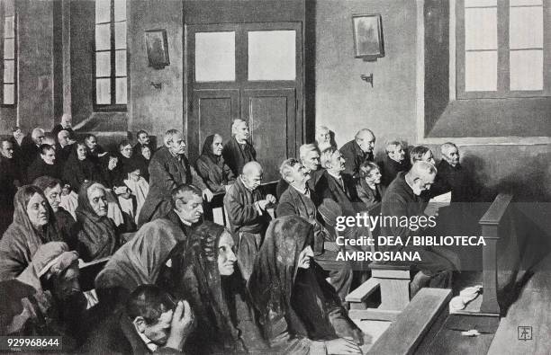 People gathered in prayer in the chapel of the Pio Albergo Trivulzio, charity association in Milan, Lombardy, Italy, drawing by Arnaldo Ferraguti ,...