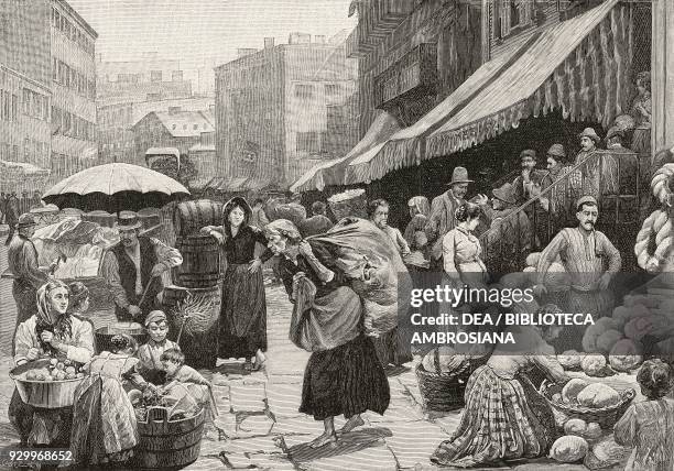 Italian immigrants in Mulberry Street, Little Italy, New York, United States of America, from L'Illustrazione Italiana, Year XXII, No 34, August 25,...