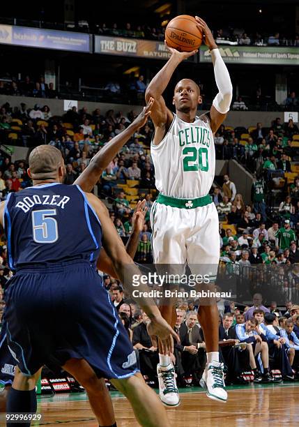 Ray Allen of the Boston Celtics goes up for a shot during the game against the Utah Jazz on November 11, 2009 at the TD Garden in Boston,...