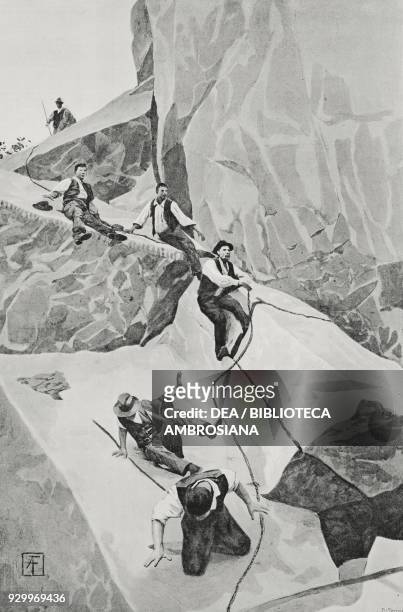 Miners climbing down a quarry, Baveno quarries, Piedmont, Italy, drawing by Arnaldo Ferraguti, from L'Illustrazione Italiana, Year XXV, No 16, April...