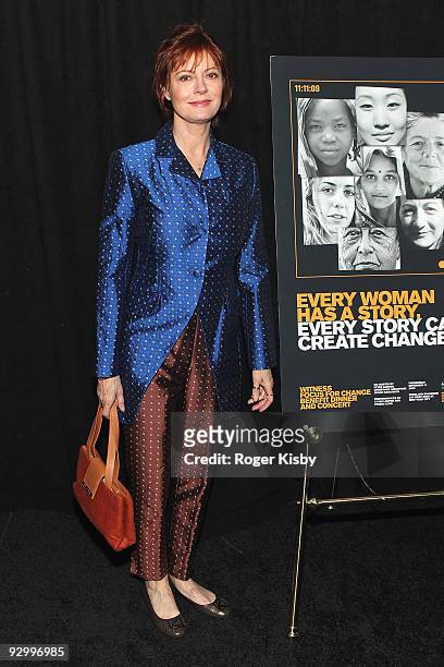 Actress Susan Sarandon attends the fifth annual Focus for Change benefit dinner and concert at Roseland Ballroom on November 11, 2009 in New York...