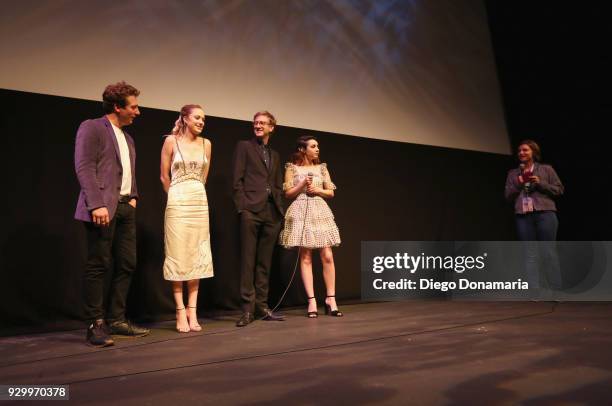 Jeremy Allen White, Maika Monroe, Joey Power and Hannah Marks speak onstage at the premiere of "Shotgun" during SXSW at Stateside Theater on March 9,...