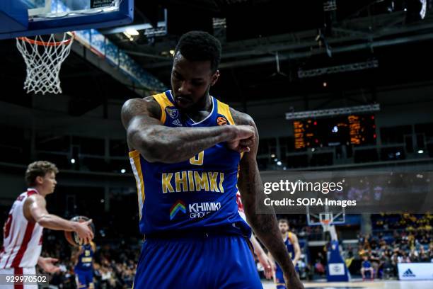 Thomas Robinson, #0 of Moscow Khimki celebrates after a made basket during the 2017/2018 Turkish Airlines Euroleague Regular Season Round 25 game...