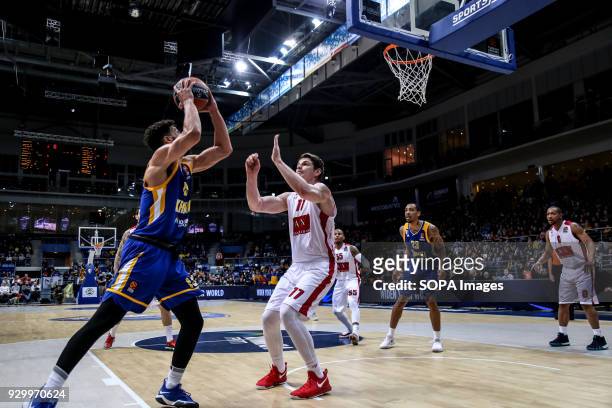 Anthony Gill, #13 of Moscow Khimki goes up for a shot against Armani Milan defender, Arturas Gudaitis during the 2017/2018 Turkish Airlines...