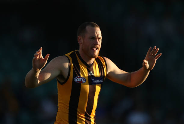 Jarryd Roughead of the Hawks warms up during the JLT Community Series AFL match between the Hawthorn Hawks and the Carlton Blues at the University of...