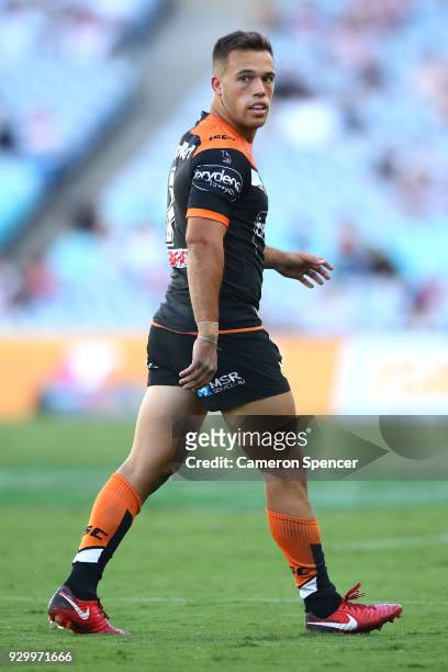 Luke Brooks of the Tigers is sent to the sin bin during the round one NRL match between the Wests Tigers and the Sydney Roosters at ANZ Stadium on...