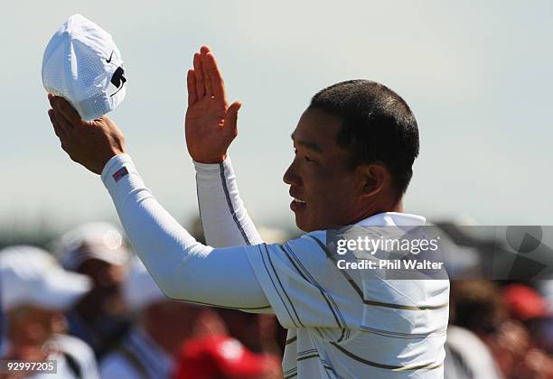 Anthony Kim of the USA applauds after his win following the second round of The Kiwi Challenge at Cape Kidnappers on November 12, 2009 in Napier, New...
