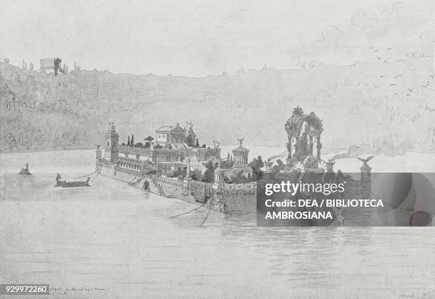 Imaginative reconstruction of Trajan or Caligula's ship buried in Lake Nemi, Lazio, Italy, drawing by Raineri Arcaini, from L'Illustrazione Italiana,...