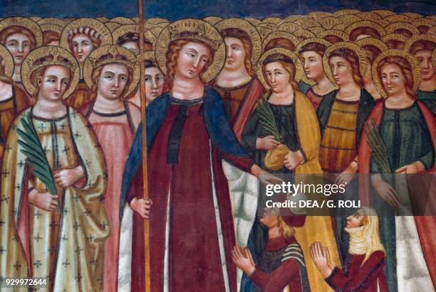 St Ursula with the eleven thousand virgins, detail from the cycle of frescoes of St Ursula's life, church of St Ursula, 1344-1345, Vigo di Cadore,...