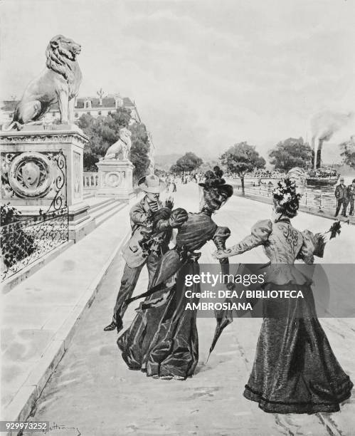 Assassination of Elisabeth of Bavaria, Empress of Austria, in Geneva, Switzerland, drawing by Achille Beltrame , from L'Illustrazione Italiana, Year...