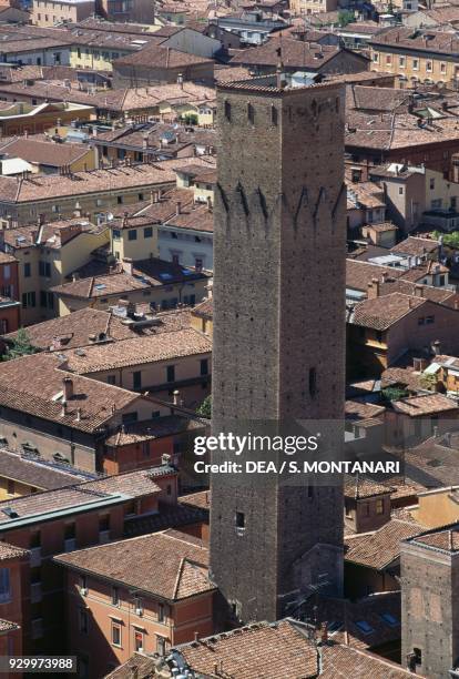 Aerial view of the old town of Bologna with the Torre Coronata or Torre dei Prendiparte, Emilia Romagna, Italy, 12th century.