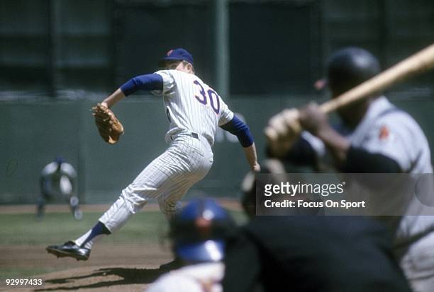 S: Pitcher Nolan Ryan of the New York Mets winds up to pitch during circa late 1960's Major League Baseball game at Shea Stadium in Flushing, New...