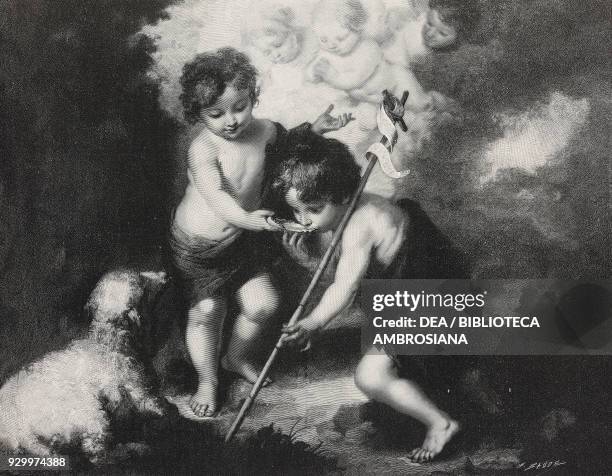 Jesus and St John the Baptist, painting by Bartolome Esteban Perez Murillo , from L'Illustrazione Italiana, Year XXIII, No 32, August 2, 1896.