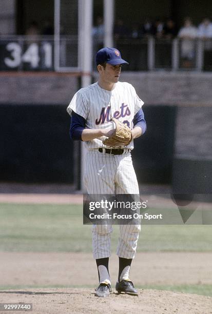 S: Pitcher Nolan Ryan of the New York Mets on the mound ready to pitch during circa late 1960's Major League Baseball game at Shea Stadium in...