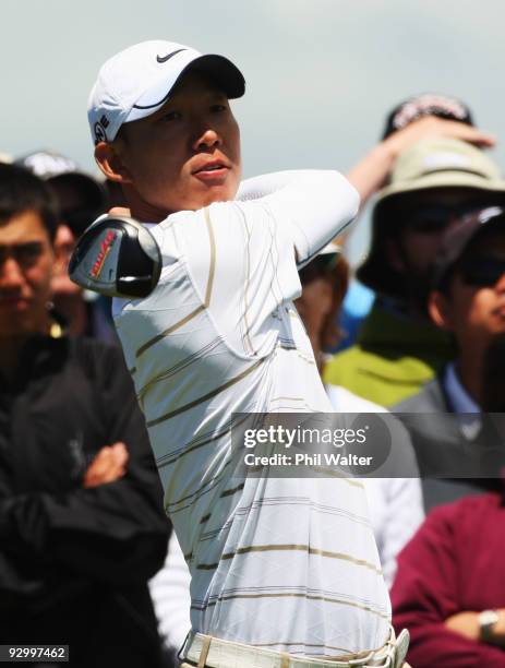 Anthony Kim of the USA tees off on the 12th hole during the second round of The Kiwi Challenge at Cape Kidnappers on November 12, 2009 in Napier, New...