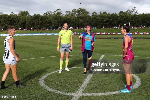 Coin toss during the round six AFLW match between the Brisbane Lions and the Collingwood Magpies at Moreton Bay Sports Complex on March 10, 2018 in...