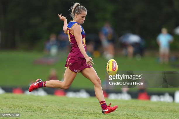 Kaitlyn Ashmore of the Lions kicks during the round six AFLW match between the Brisbane Lions and the Collingwood Magpies at Moreton Bay Sports...
