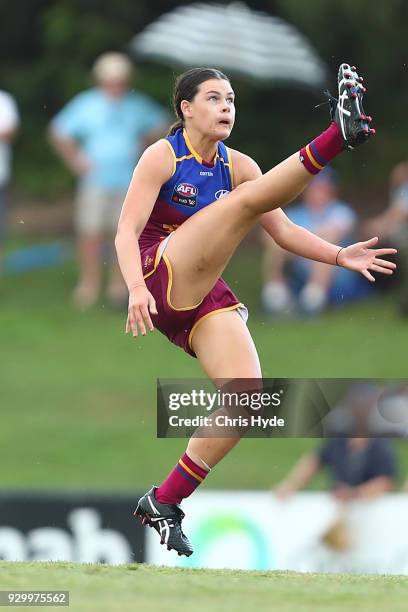 Sophie Conway of the Lions kicks during the round six AFLW match between the Brisbane Lions and the Collingwood Magpies at Moreton Bay Sports Complex...