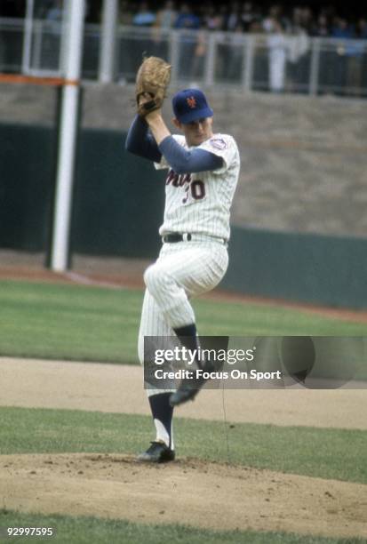 S: Pitcher Nolan Ryan of the New York Mets winds up to pitch during circa late 1960's Major League Baseball game at Shea Stadium in Flushing, New...