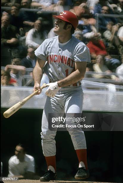 Infielder Pete Rose of the Cincinnati Reds swings at a pitch and watches it go foul during a MLB baseball game circa mid 1960's. Rose Played for the...