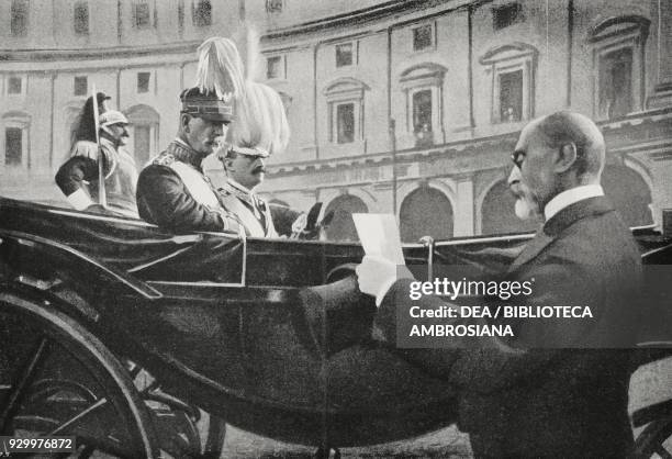 Mayor of Rome, Enrico Cruciani Alibrandi, welcoming King George I of Greece and Vittorio Emanuele III, Rome, Italy, photograph by Charles Abeniacar,...