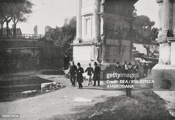 King George I of Greece visiting the Roman Forum, with King Vittorio Emanuele III, Rome, Italy, photograph by Adolfo Croce, from L'Illustrazione...