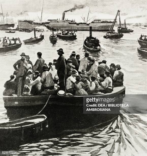 Shipment of emigrants from the steamer , Italy, drawing by Arnaldo Ferraguti , from L'illustrazione Italiana, Year XXVIII, No 26, June 30, 1901.
