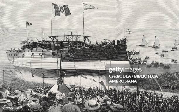 Launch of the cruiser Cristobal Colon in Ansaldo shipyard in Sampierdarena, Genoa, Liguria, Italy, photograph by Ernesto Rossi, from L'Illustrazione...