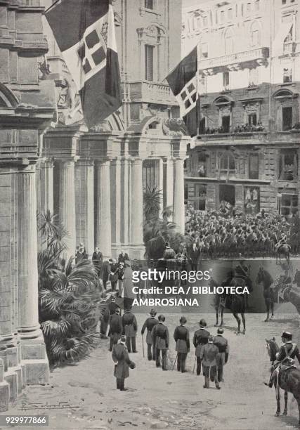 Visit of King Vittorio Emanuele III of Italy and Queen Elena at Palazzo della Borsa of Milan, Italy, drawing by Riccardo Salvadori after a photo by...