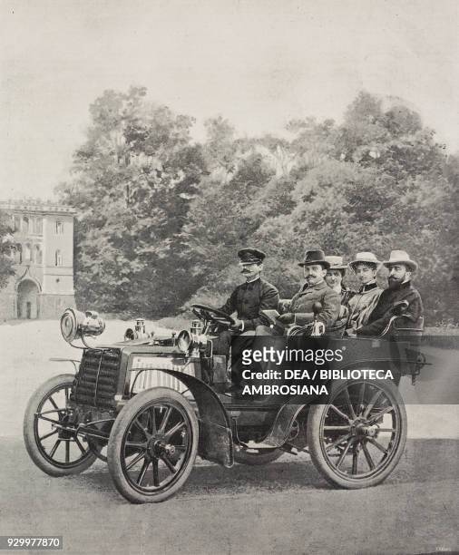 King Victor Emmanuel III of Italy , Queen Elena and the Princes of Battenberg, Louis and Victory , by car in Racconigi, Italy, photo by Natale Luci,...