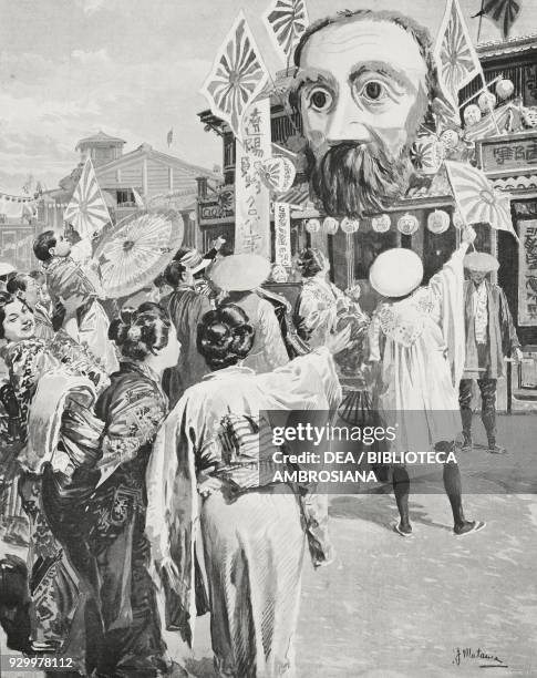 Popular demonstration in Tokyo before a satirical mask depicting the Russian General Aleksej Nikolaevic Kuropatkin, Japan, Russo-Japanese War,...