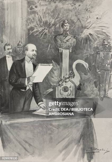 Gabriele D'Annunzio reading the poem Nel primo centenario della nascita di Vincenzo Bellini , Rome, drawing by Dante Paolocci , from L'illustrazione...