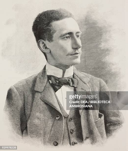 Portrait of Guglielmo Marconi , Italian physicist and inventor, engraving by Ernesto Mancastroppa after a photo by Lafayette, from L'illustrazione...