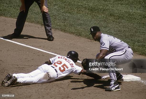 S: First baseman Frank Thomas of the Chicago White Sox takes a throw over from the pitcher as base runner Harold Reynolds of the Baltimore Orioles...