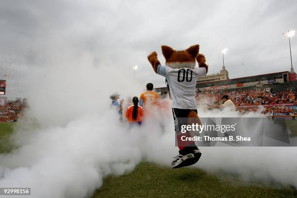 The Houston Dynamo mascot "Diesel" enters the pitch and applauds the fans before they defeated the Seattle Sounders on November 8, 2009 at Robertson...