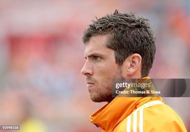 Goalie Tally Hall of the Houston Dynamo on the sidelines watching the game against the Seattle Sounders on November 8, 2009 at Robertson Stadium in...