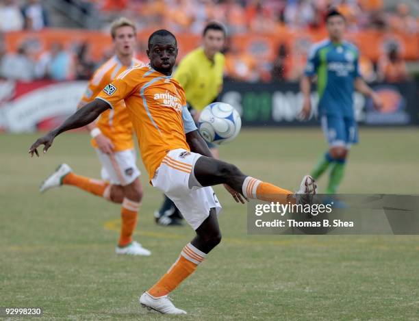 Dominic Oduro of the Houston Dynamo sheilds the ball from the Seattle Sounders on November 8, 2009 at Robertson Stadium in Houston, Texas.