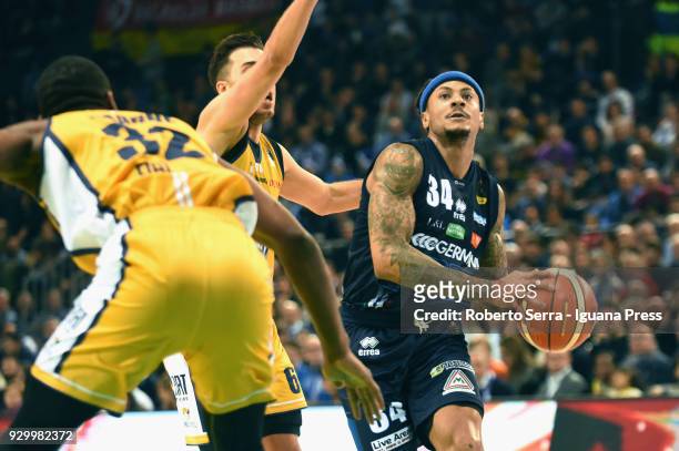 David Moss of Germani competes with Trevor Mbakwe and Aleksander Vujacic of Fiat during the match final of Coppa Italia between Auxilium Fiat Torino...